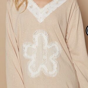 POL Beige Floral Lace Long Sleeve Top